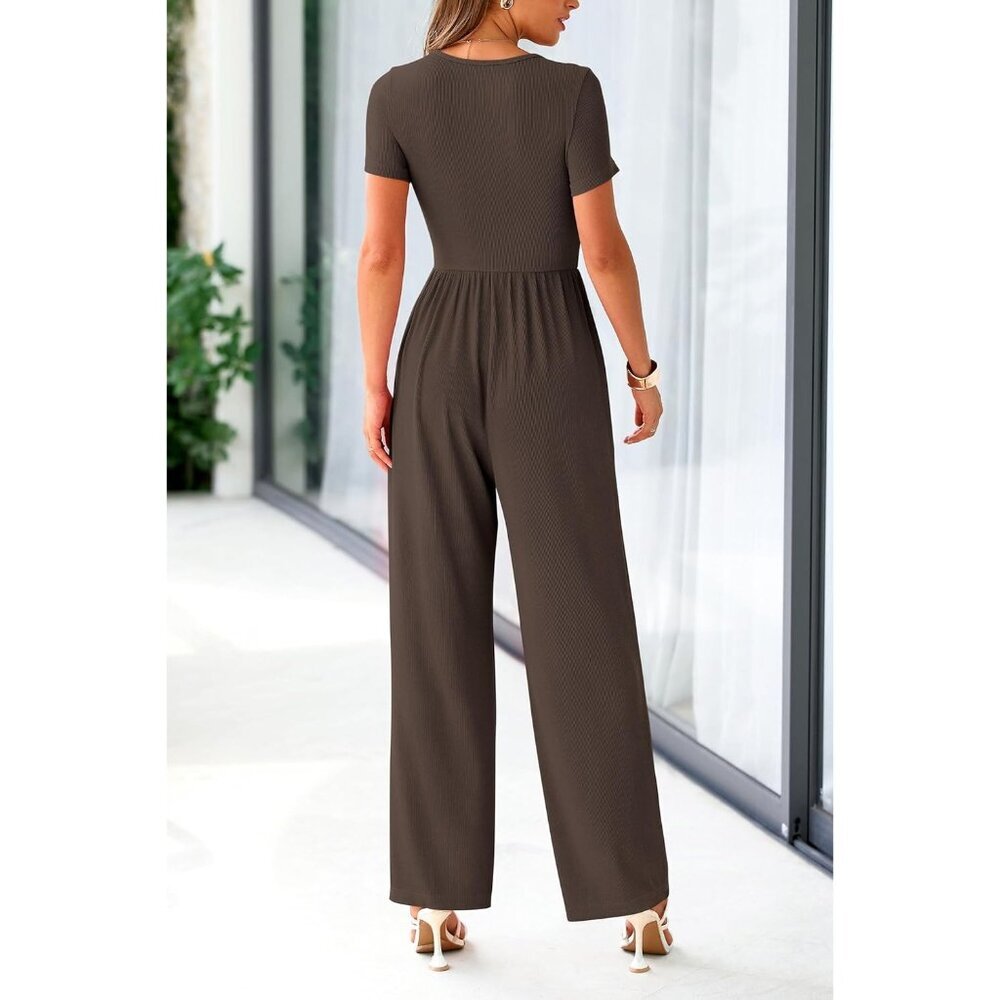 Women's Coffee Summer Short Sleeve Square Neck Wide Leg Rompers Jumpsuits - Picture 2 of 8